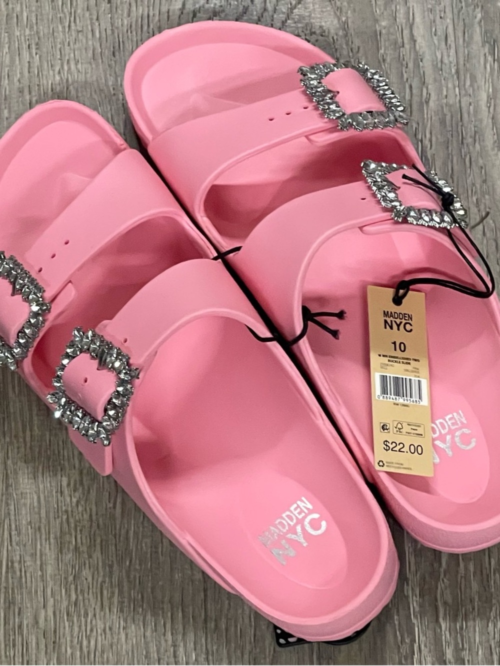 Madden NYC Pink Jeweled Buckle Slide Sandals